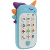 Jucarie interactiva, flippy, telefon inteligent, model unicorn, functii educative, muzicale si voce, 4-6 ani, 19 x 11.5 cm, din plastic, albastru