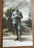 CPISTR7 Ilustrata Veche Soldat Francez Uniforma Adrian Primul Razboi WW1 / Vintage WW1 French Soldier Postcard Adrian Helmet Uniform Flowers