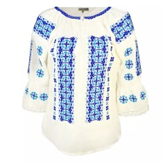 Bluza Tip Ie Traditionala Alba cu Motiv Geometric Albastru de Dama - IMS64