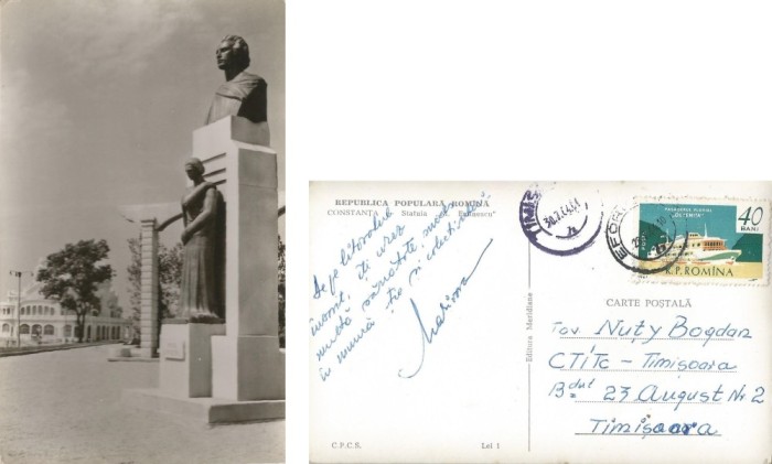 *Romania, Constanta, Statuia &quot;M. Eminescu&quot;, carte postala ilustrata, circulata intern, 1964