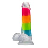 Dildo NEO Elite Glow In The Dark Rainbow Rave, din silicon lichid, bază cu ventuză, lungime 16.5 cm, multicolor fosforescent