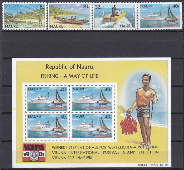 DB1 Fauna Marina Pesti Pescuit cu Barci 1981 Nauru 4 v. + MS MNH