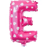 Balon folie metalizata litera e, flippy, 40 cm, cu imprimeu inimioare, umflati cu heliu sau aer, ambalaj individual, pai inclus, roz