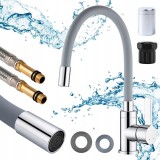 Cumpara ieftin Baterie bucatarie cu pipa flexibila gri argintiu, rotire 360 , monocomanda, aerator economic, montare verticala + 2 racorduri flexibile
