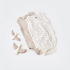 Set 2 body-uri fara maneci bebe unisex -100% bumbac organic - Ecru cu buline, BabyCosy (Marime: 12-18 Luni)