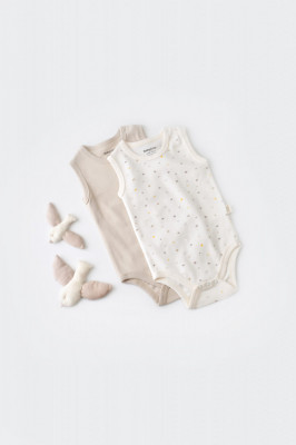 Set 2 body-uri fara maneci bebe unisex -100% bumbac organic - Ecru cu buline, BabyCosy (Marime: 3-6 Luni) foto