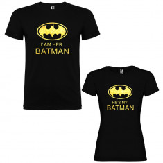 Set 2 Tricouri cuplu I&amp;#039;am her Batman si He&amp;#039;s my Batman, negru/auriu foto