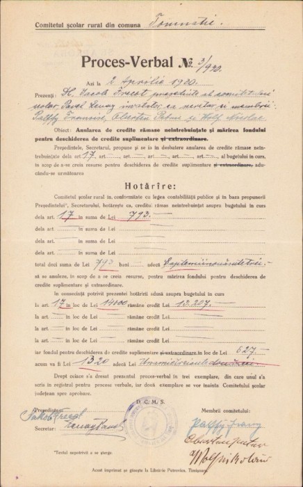 A1544 Act școala Tomnatic, județul Timiș, 1930