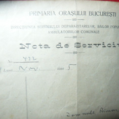 Hartie Antet Primaria Orasului Bucuresti 1924 - Nota de Serviciu