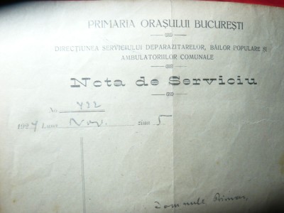 Hartie Antet Primaria Orasului Bucuresti 1924 - Nota de Serviciu foto