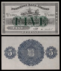 IRLANDA DE NORD █ bancnota █ 5 Pounds █ 1968 █ P-184 █ NORTHERN BANK LIMITED UNC