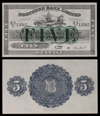 IRLANDA DE NORD █ bancnota █ 5 Pounds █ 1968 █ P-184 █ NORTHERN BANK LIMITED UNC foto
