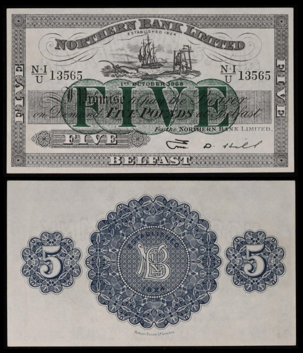 IRLANDA DE NORD █ bancnota █ 5 Pounds █ 1968 █ P-184 █ NORTHERN BANK LIMITED UNC