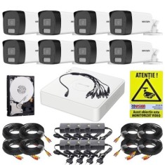 Kit supraveghere Hikvision 8 camere 2MP Dual Light 40m Microfon, DVR 8 canale 4MP, HDD 1TB, Accesorii + Autocolant Rovision SafetyGuard Surveillance