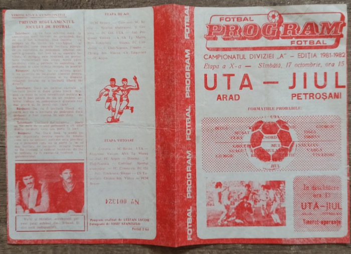 Program fotbal UTA Arad-Jiul Petrosani 1981