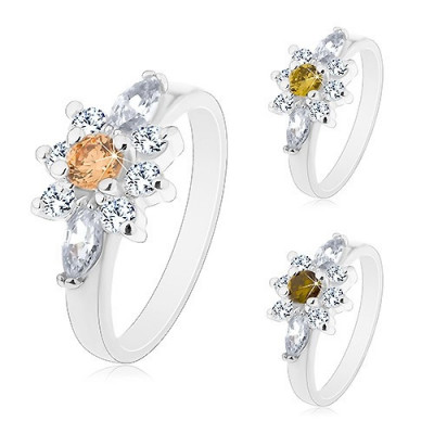 Inel de culoare argintie, floare de zirconii transparente, centru colorat - Marime inel: 54, Culoare: Portocaliu deschis foto