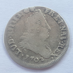 Franța 5 sols 1/16 Ecu 1702 P (Dijon) Regele Soare argint