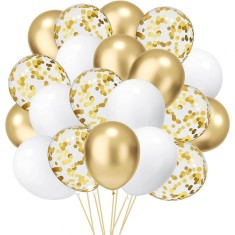 Set 16 baloane din latex, flippy, model party, 30 cm, alb, auriu, transparent confetti, 2.8 g