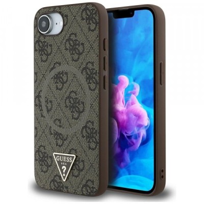 Husa MagSafe pentru Apple iPhone 16e, Guess, 4G Ring Triangle Logo, Maro foto