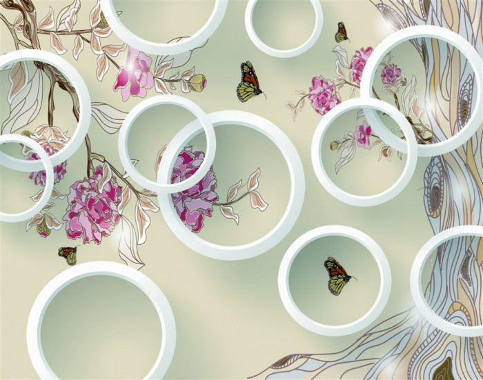 Fototapet de perete autoadeziv si lavabil Fluturi, flori si cercuri, 400 x 250 cm