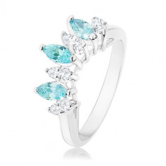 Inel în nuanță argintie, zirconii ovale, albastru deschis și zirconii ovale transparente - Marime inel: 52