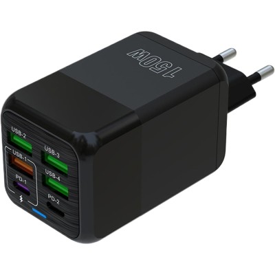 Incarcator Multifunctional, Flippy&amp;reg;, 6 Porturi (2 x PD Type C + 4 USB), 150 W, 5V, 2.4A, Incarcare Rapida, 4.4 x 4.4 x 11 cm, Negru foto