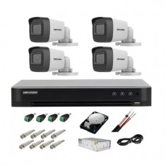 Kit complet supraveghere 5 MP lite Hikvision Turbo HD cu 4 camere Bullet IR 20m,alimentatori, cabluri, mufe, HDD 1 Tb, vizualizare pe internet