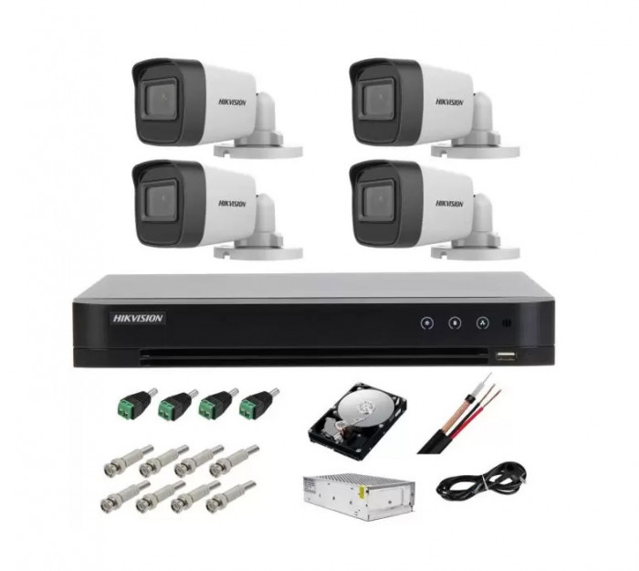 Kit complet supraveghere 5 MP lite Hikvision Turbo HD cu 4 camere Bullet IR 20m,alimentatori, cabluri, mufe, HDD 1 Tb, vizualizare pe internet SafetyG