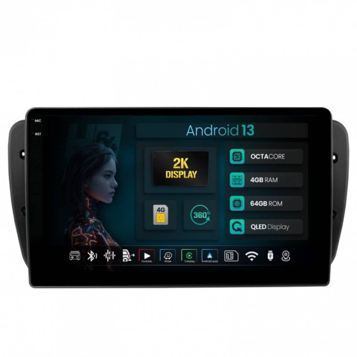 Navigatie 2K Seat Ibiza (2009-2013) 4GB RAM Android 13 Octacore Slot Sim 4G DSP GPS Wi-FI Carplay Android Auto USB Bluetooth Waze Touchscreen 9.5 Inch