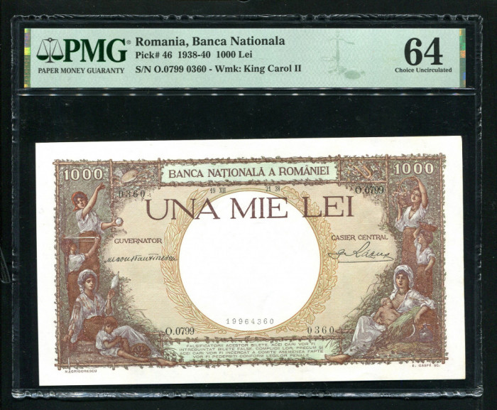 q086 BANCNOTA 1000 LEI 1938 NECIRCULATA UNC GRADATA PMG 64