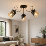 Lustra Smoky 62x27cm cu 3 surse E27, design industrial metal negru și sticlă fumurie, pendul elegant pentru dining modern, iluminat spectaculos, Erste