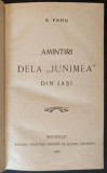 1908 Princeps AMINTIRI de la JUNIMEA din IASI Gh. Panu MEMORIALISTICA Prima Editie 396p Hasdeu Eminescu Veronica Micle Chestiunea Evreiasca Metafizica