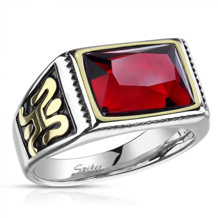 Inel din oțel &icirc;n culoare argintie cu zirconiu roșu - ornament pe lateral, glazură neagră, 13 mm - Marime inel: 55