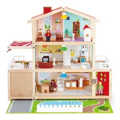Casa de papusi mobilata tip vila cu lumini LED si sonerie Hape 29 piese