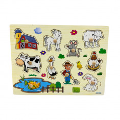 Puzzle educativ incastru Montessori cu ferma si animale, Onore, multicolor, lemn, 30 x 22.5 cm, 10 p