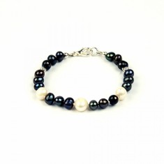 Bratara perle naturale negre 6mm si albe 8mm, 18 cm foto