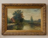 Ulei pe p&acirc;nză o lucrare foarte veche interbelica semnata de dimensiuni mari