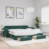 vidaXL Pat de zi cu extensie și sertare verde &icirc;nchis 90x200 cm catifea