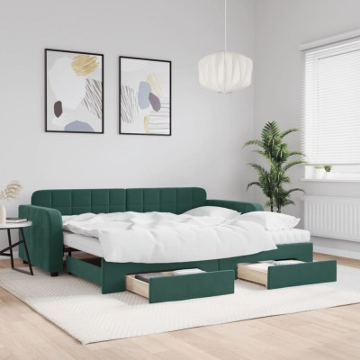 vidaXL Pat de zi cu extensie și sertare verde &amp;icirc;nchis 90x200 cm catifea 3197003 foto