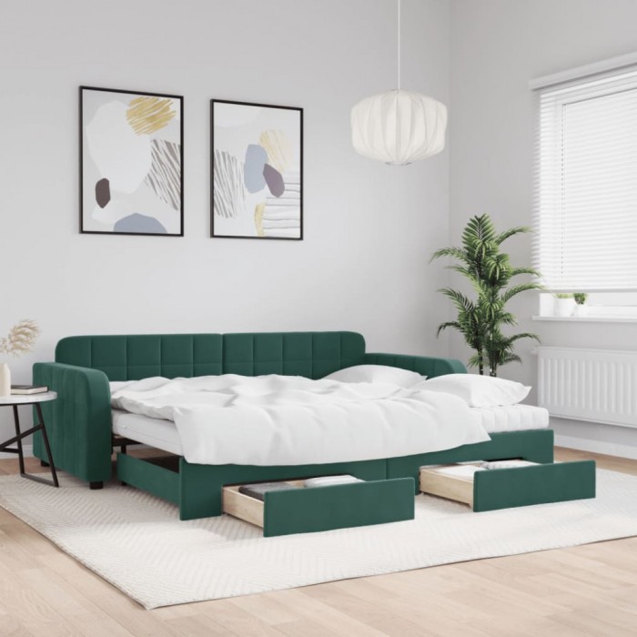 vidaXL Pat de zi cu extensie și sertare verde &icirc;nchis 90x200 cm catifea 3197003