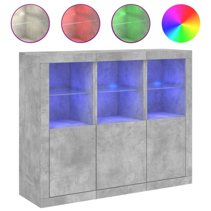 Servanta cu lumini LED, 3 buc., gri beton, lemn prelucrat