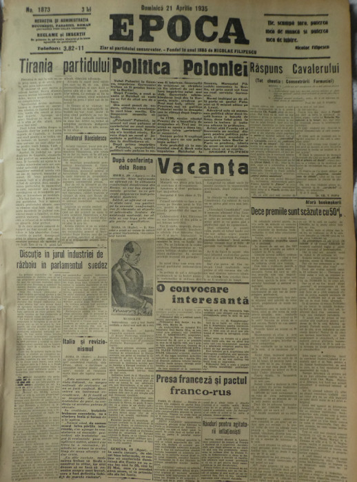 Epoca , ziar al Partidului Conservator , nr. 1873 , 1935 , Grigore Filipescu