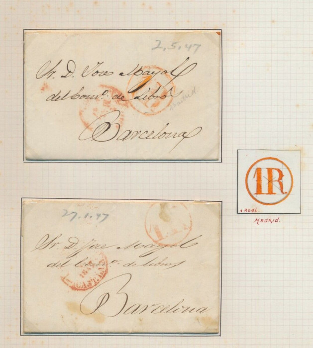 Spain 1847 Postal History Rare 2 x Stampless Cover to Barcelona DG.038