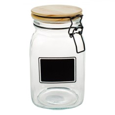 Borcan Sticlă, 1.5L, Capac Lemn, Etichetă Neagră