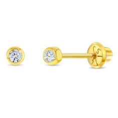 Cercei din Aur 14K pentru Nou-nascuti, Bebelusi &ndash; Diamant Natural 2mm, montura Bezel, inchidere cu Filet si Protectie