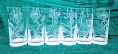 vtg 6 Pahare din Cristal gravate cu motive florale semnate datate &#039;91 155mm