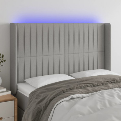 vidaXL Tăblie de pat cu LED, gri deschis, 147x16x118/128 cm, textil foto