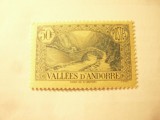 Timbru Andorra 1941- Vallee d&#039;Andorra - Peisaje , val. 50fr verde-albastru ,sarn, Nestampilat