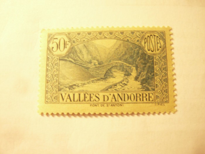 Timbru Andorra 1941- Vallee d&#039;Andorra - Peisaje , val. 50fr verde-albastru ,sarn
