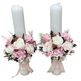 Set nunta, 2 lumanari personalizabile cu nume si data decorate cu flori din foita de sapun si flori stabilizate 40 cm (Multicolor), Eventissimi&reg;